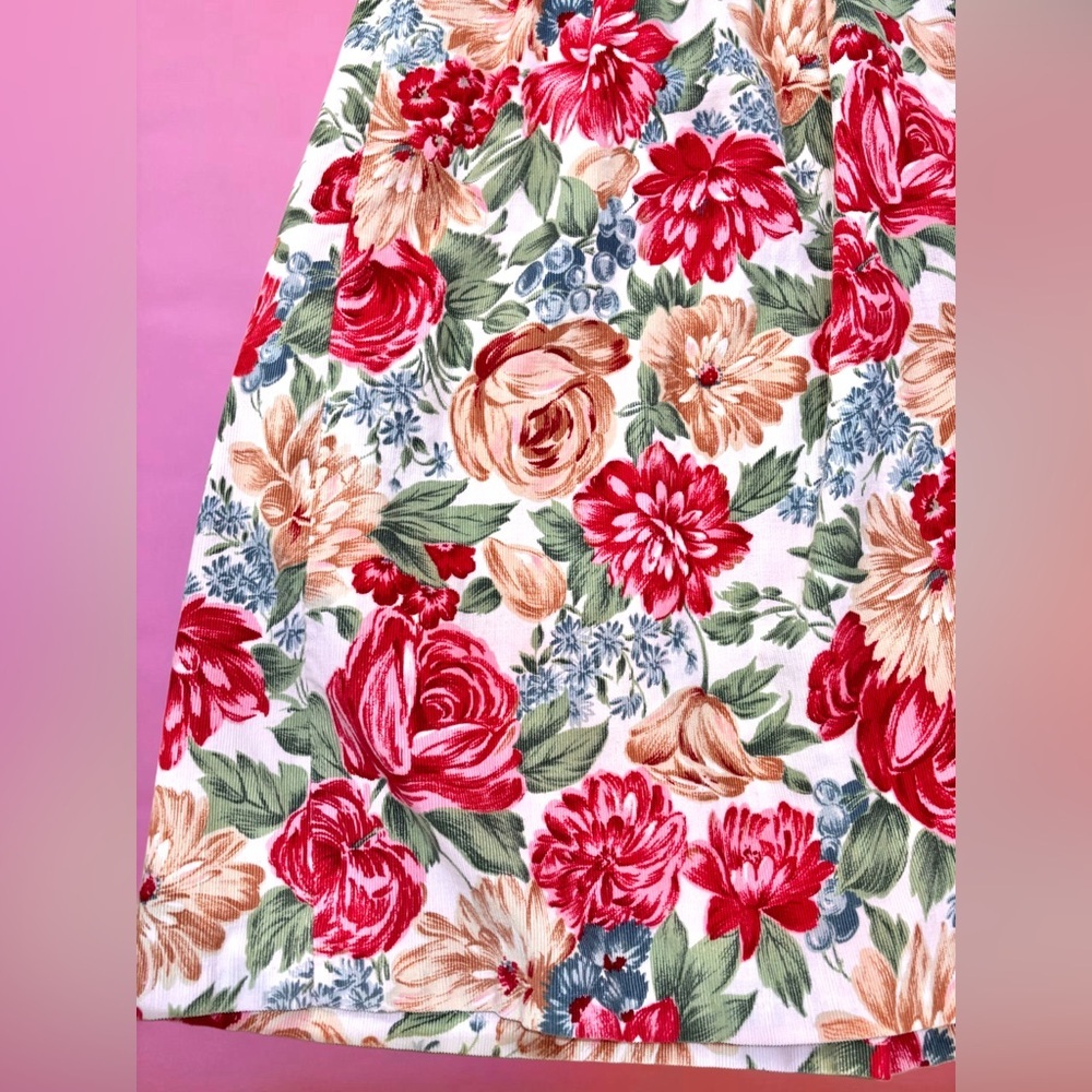 Vintage 1980s Russ Corduroy Light Pink Floral A-Line Maxi Skirt - Small / Medium - Picture 3 of 11